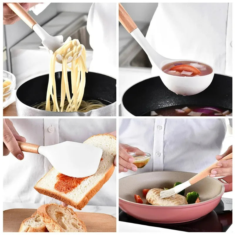 Silicone Cooking Utensils,Turner Tongs,Spatula,Spoon,Brush,Whisk for Nonstick Cookware,Heat Resistant,Dishwasher Safe (BPA Free)