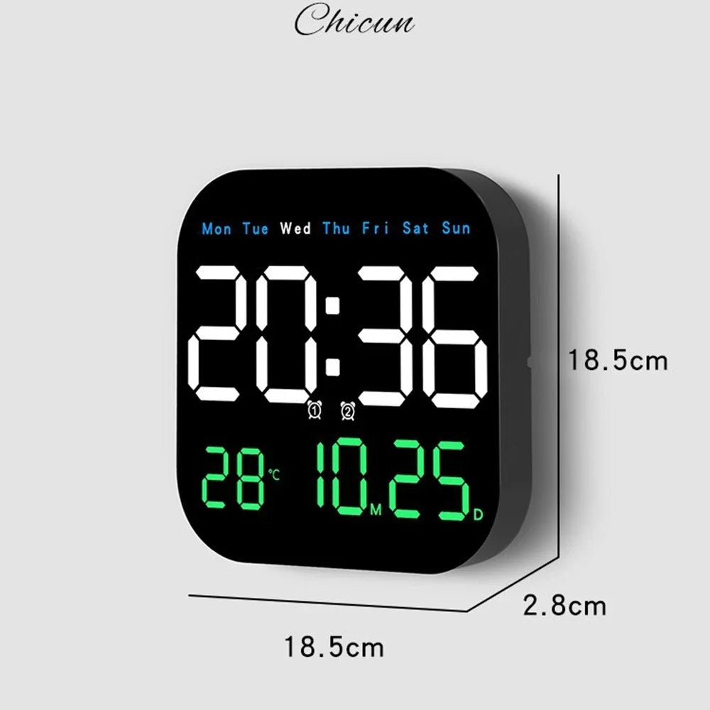 Digital Wall Clock with Remote Control, LED Alarm Clock, Temperature, Date, Week Display, Electronic Table Clock, 12 H, 24H