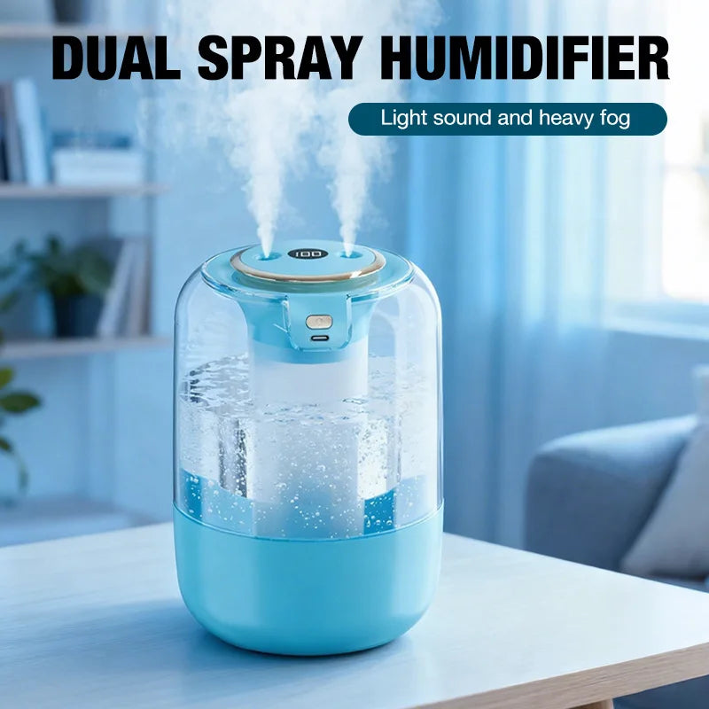 Humidifier with dual spray, large fog output, ambient light, for home, bedroom, dormitory, constant humidity, USB connection