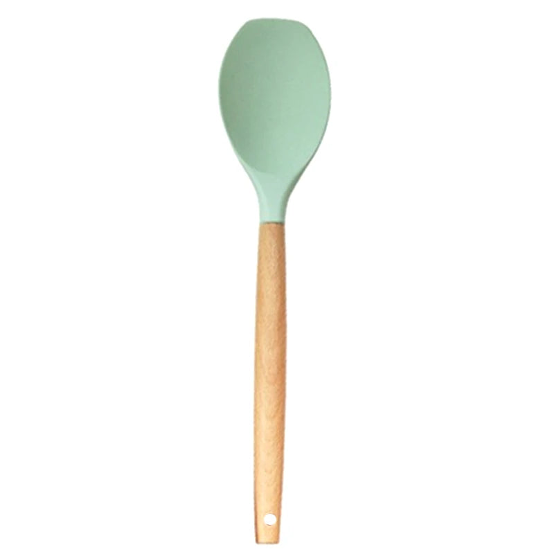 ♥Silicone Cooking Utensils with Wooden Handle – Heat-Resistant Spatula & Spoon for Non-Stick Pans