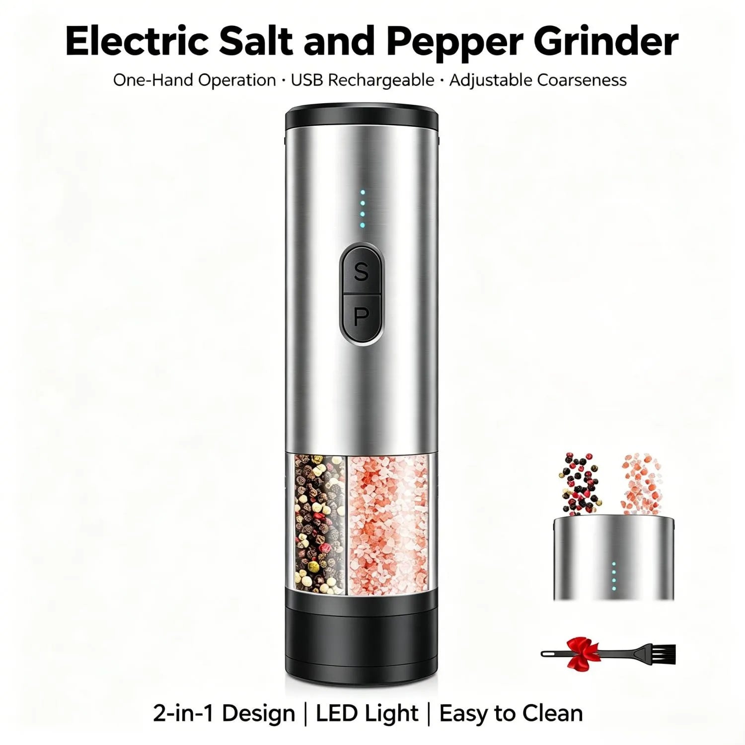 Electric Salt and Pepper Grinder Set 2 in 1 Rechargeable Type C Automatic Spice Mill Adjustable Coarseness LED Light One Touch