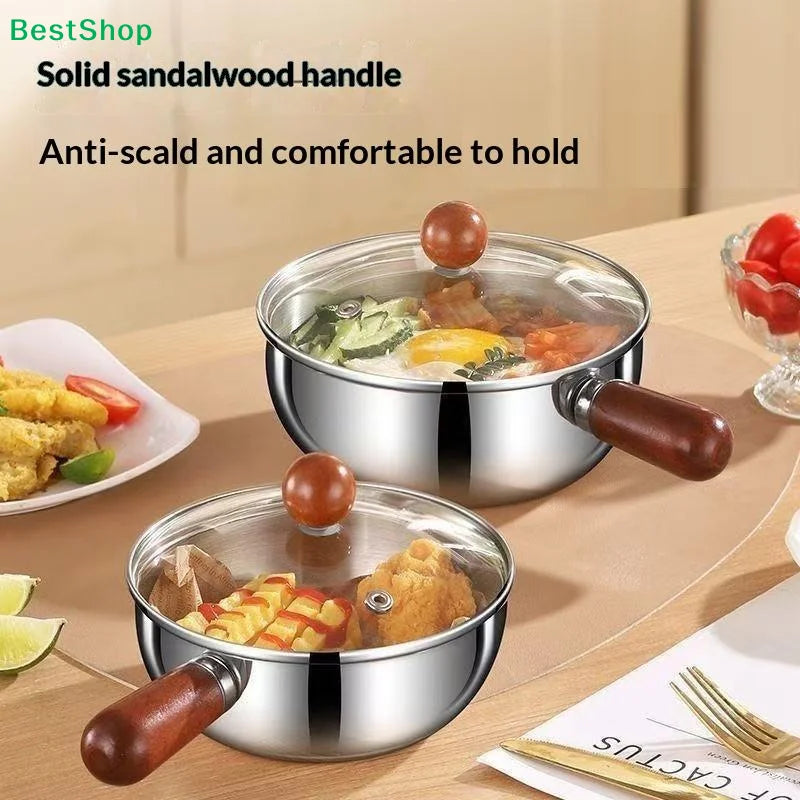 ♥Stainless Steel Cooking Pans with Wooden Handle & Glass Lid - Multi-Purpose Small Pots for Noodles/Eggs