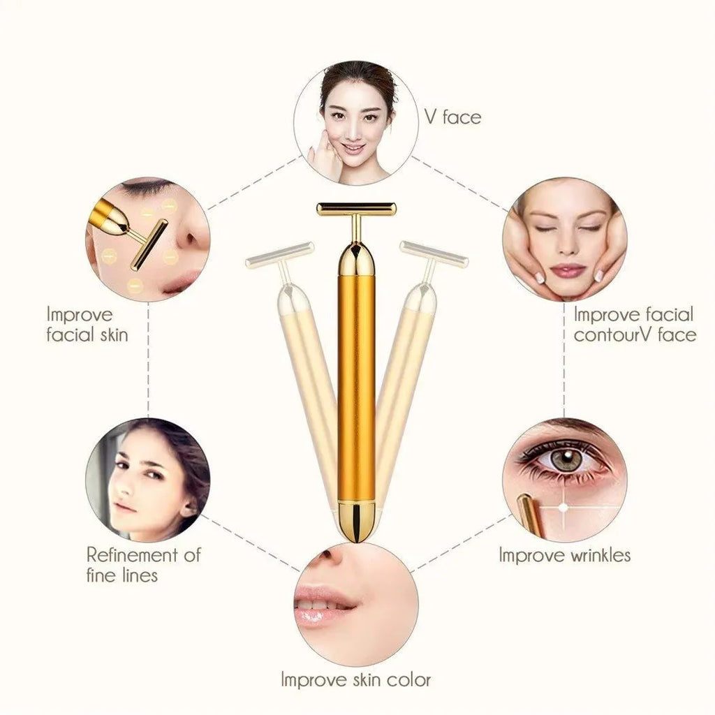 24k Gold Face Lift Bar Roller Vibration Slimming Massager Facial Stick Facial Beauty Skin Care T Shaped Vibrating Tool with Bag