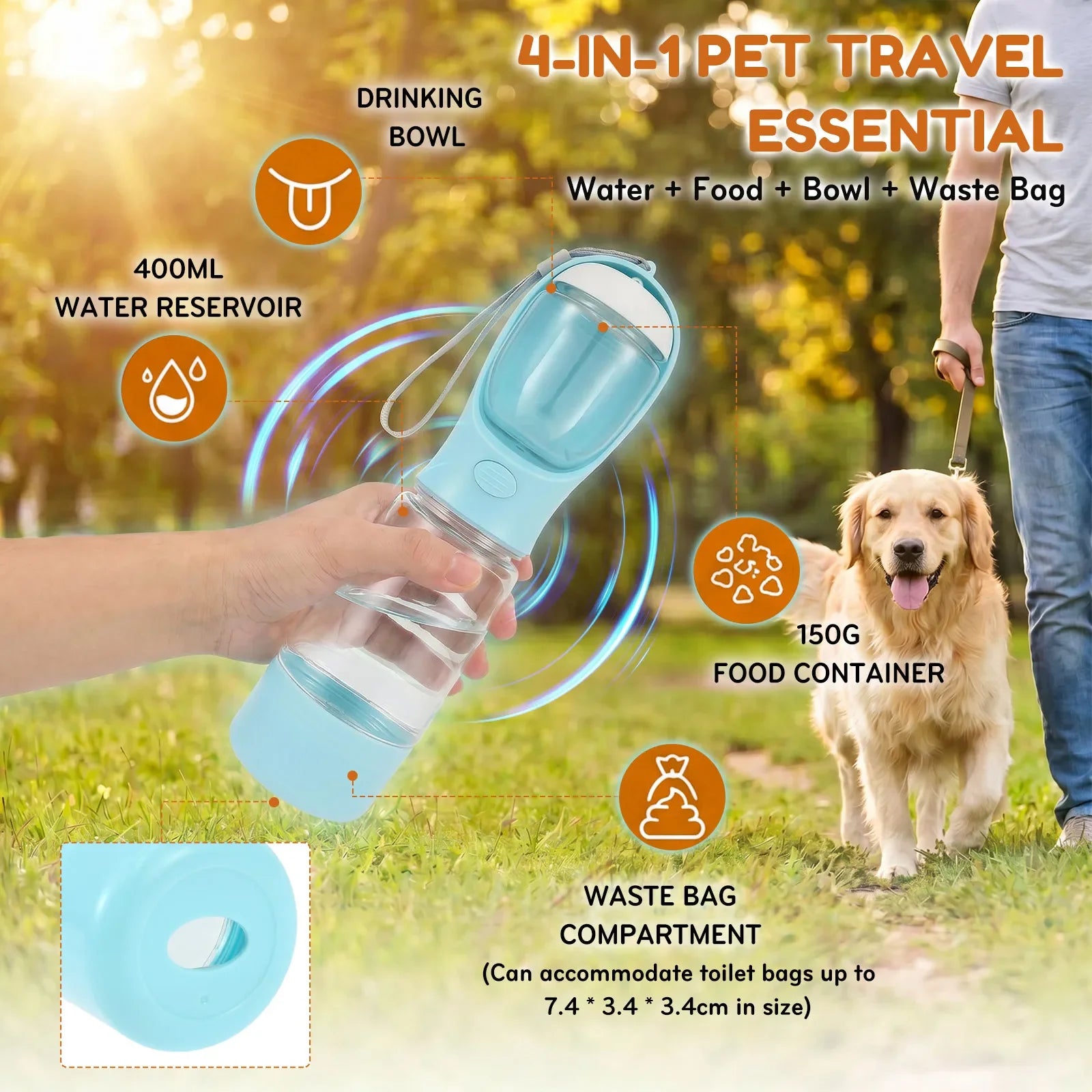 4 In 1 Dog Travel Water Bottle Portable Pet Water Food Cup with 400ml Water 150g Food Storage Design Pet Supplies for Outdoor