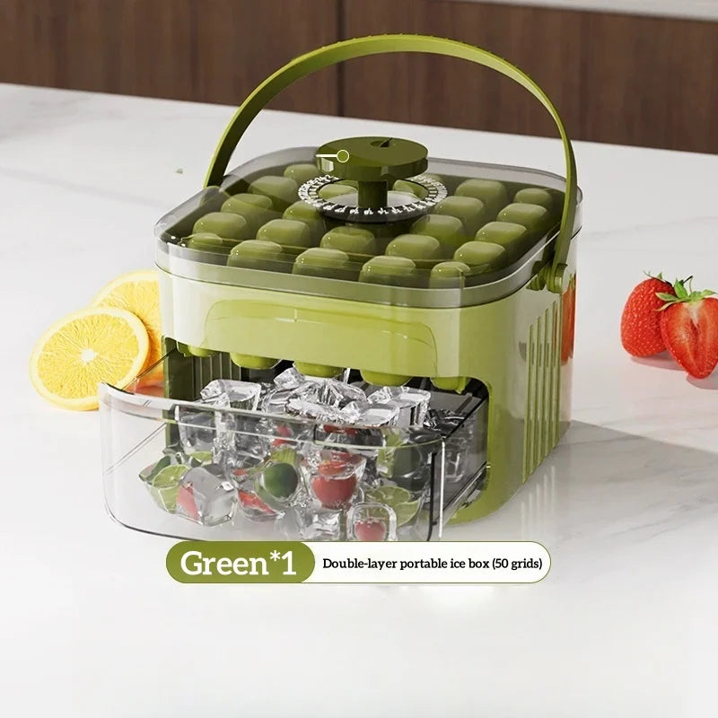 Compact Double Layer Ice Cube Tray with Lid and Bin, Pull-Out Ice Drawer with Portable Handle, Kitchen Accessories, Gadgets