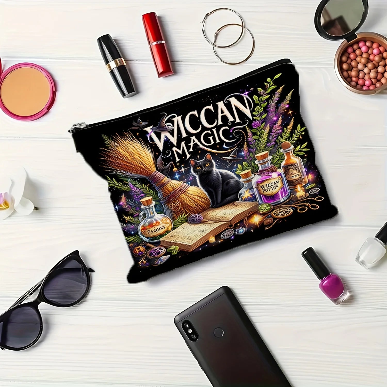 Witch Magic Black Cat Makeup Bag - Large Capacity Cosmetic Organizer