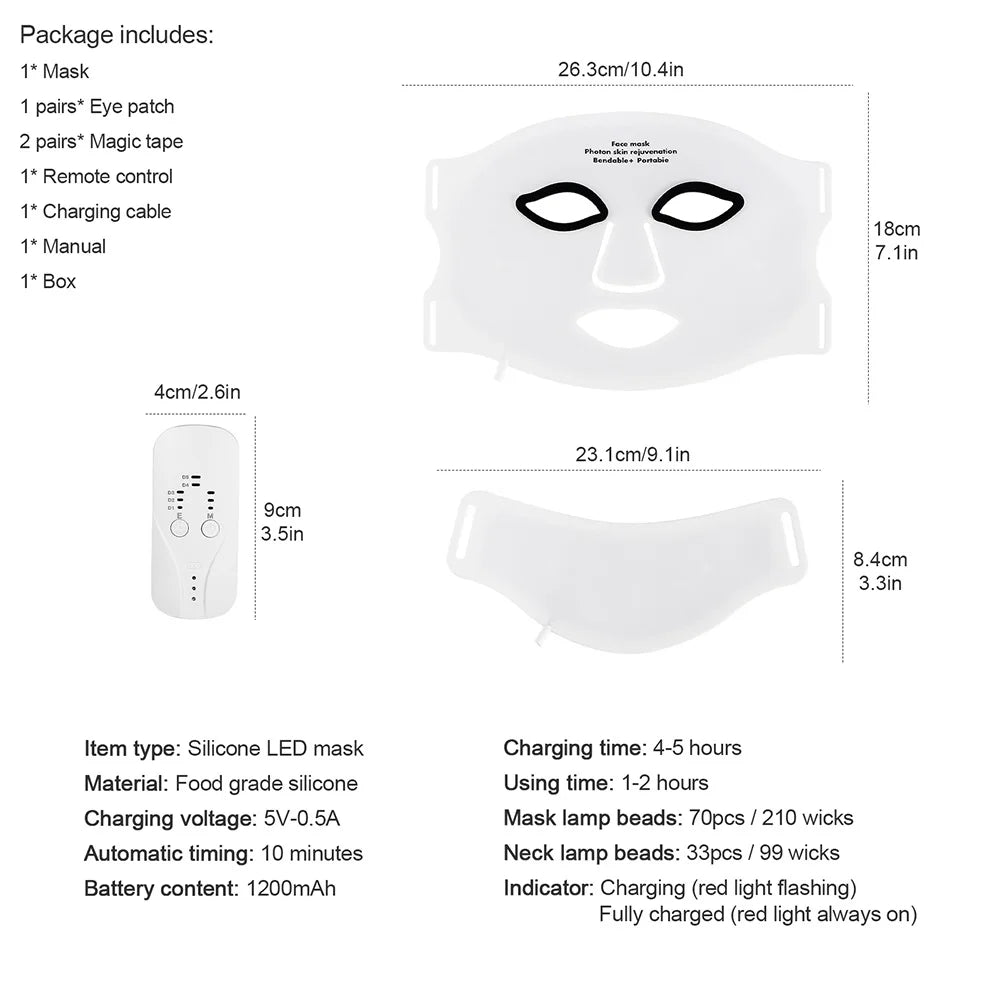 Wireless LED Face Mask with Neck 7 Colors LED Silicone Mask Photon Beauty Mask Skin Tighten Repair Skin Flexible Facial Mask