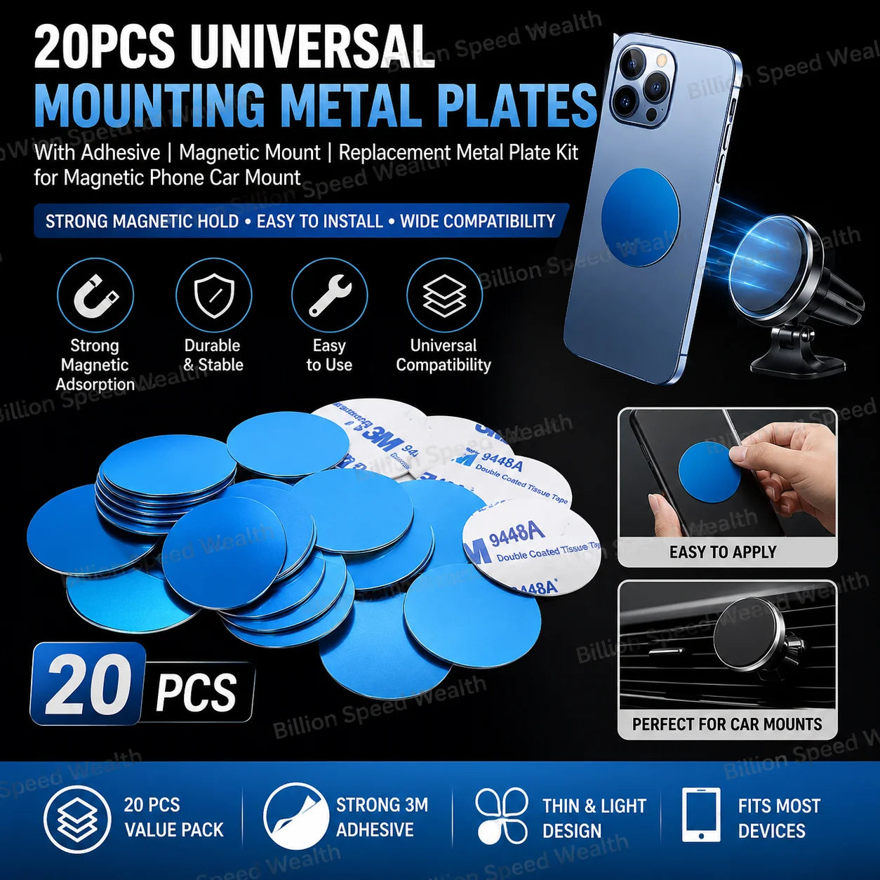 20pcs Universal Mount Metal Plate with Adhesive Magnetic Mount Car Holder Replacement Metal Plate Kit Magnet Mobile Phone Stand