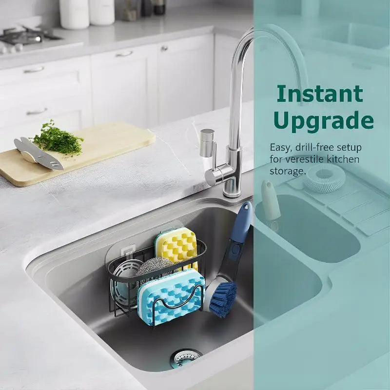 Sink Organizer - Stainless Steel Suction Sponge Stand - Fast-Draining, Easy-Clean Holder with Hook for Modern Kitchens