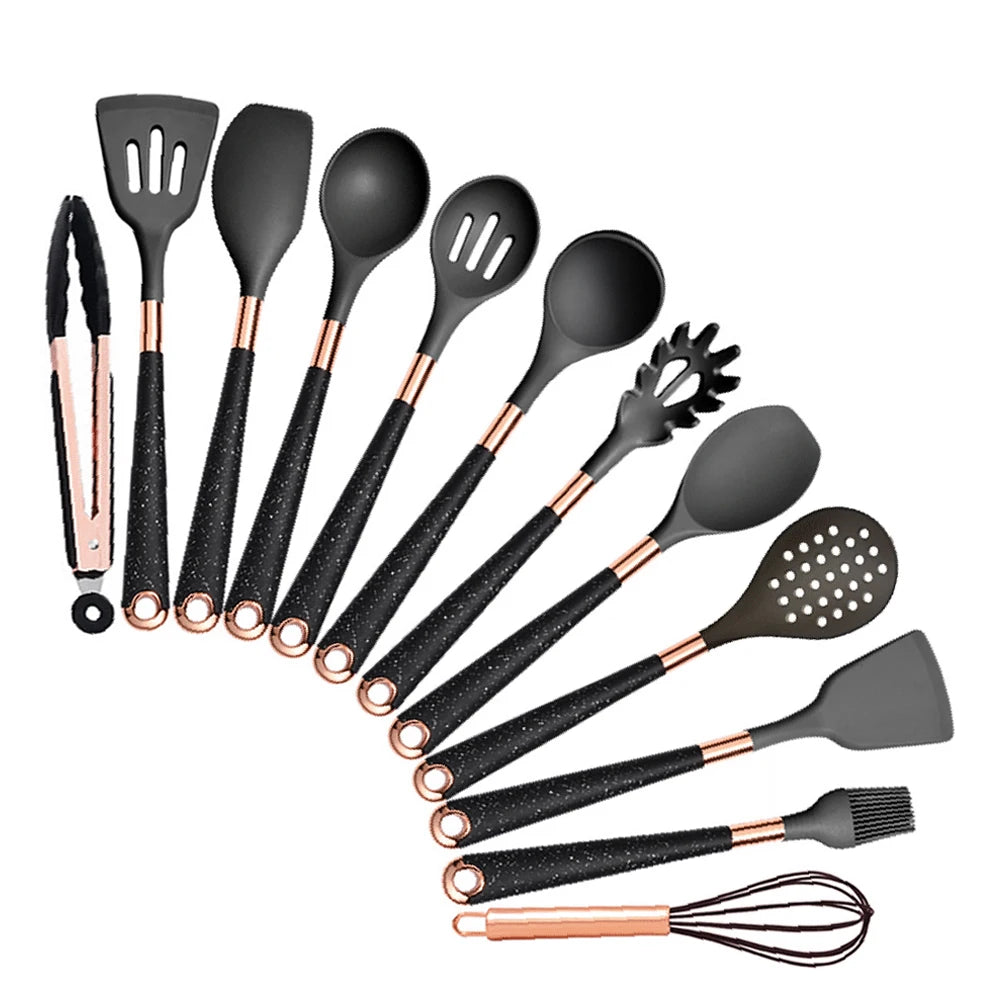 Silicone Cooking Utensils Set Kitchen Heat Resistant Rose Gold-Plated Handle Non-Stick Spatula, Spoon, Quality Gift, 5-13 Pcs