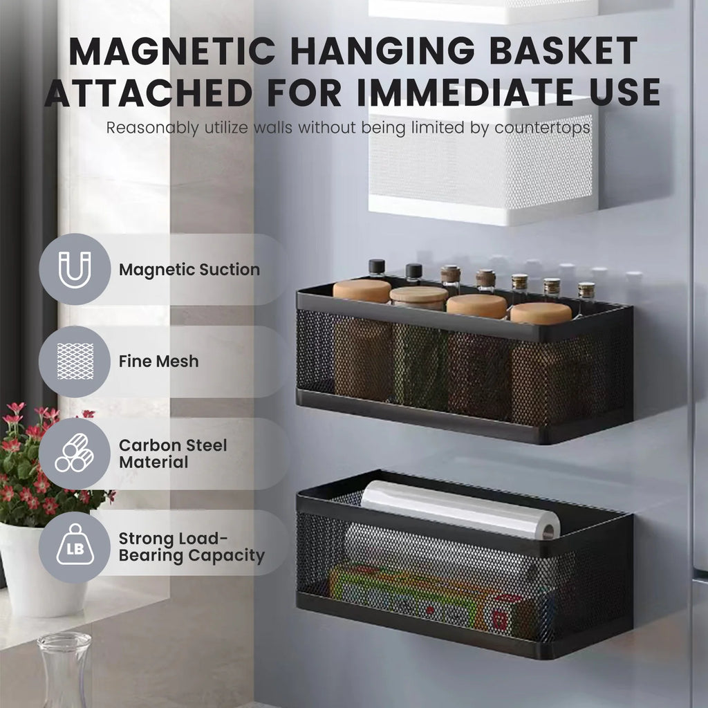 Magnetic Refrigerator Storage Rack, Magnetic Spice Rack, Metal Magnetic Hanging Basket, Wall Cabinet, Multifunctional Storage Box, No-Drill Installation