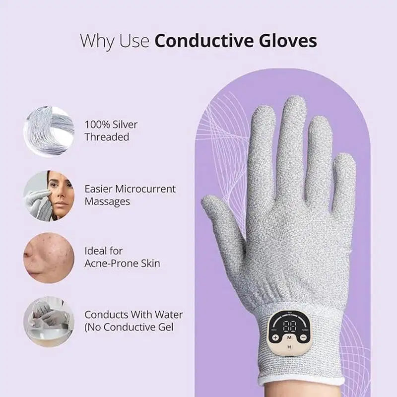 Microcurrent Facial Gloves - Silver Fiber Anti-Aging Gloves for Face Lifting, Wrinkle Reduction, Puffiness Relief, Collagen Stim