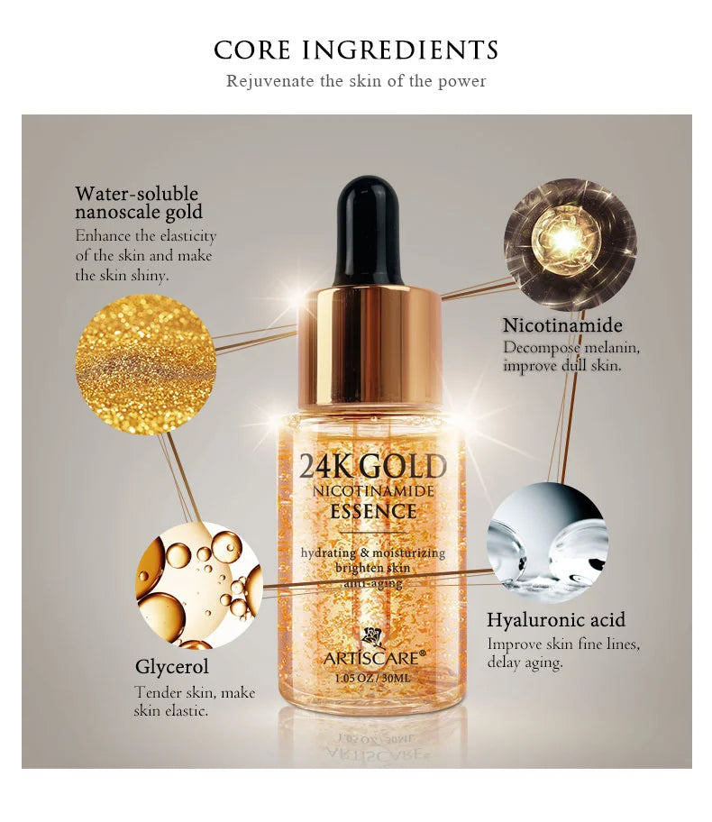 Niacinamide 24K Gold Essence 30mL + Eye Roller Massager Serum 2pcs/lot Dry Skin Moisturizing Brighten Skin