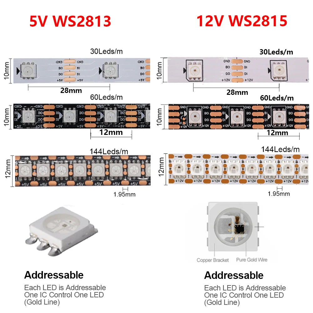 WS2812B WS2811 WS2813 WS2815 5050 RGB Smart LED Strip 5V 12V WS2812 Light Individually Addressable IC 30/60/144Pixels/Leds/m DC