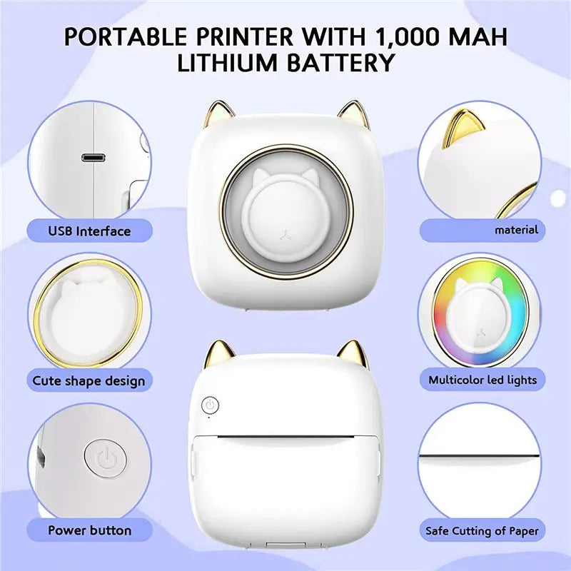 Mini Pocket Printer, Portable Thermal Printer with LED,Bluetooth Inkless Printer for Kids, Used in Home, Office, Study