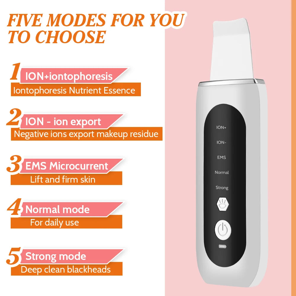 Ultrasonic Skin Scrubber EMS Face Lifting Machine Red Blue Light Blackhead Remover Pore Cleaner Deep Cleansing Facial Spatula