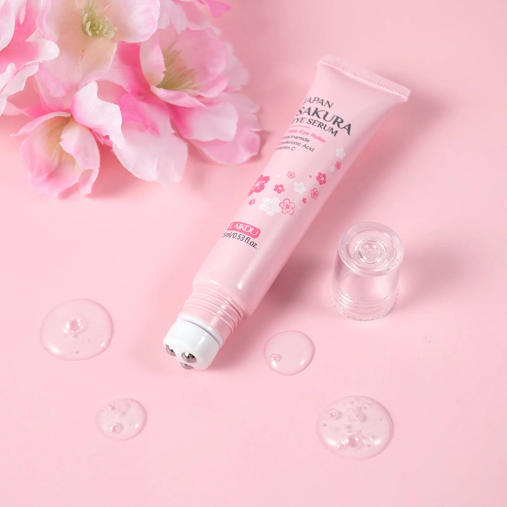  LAIKOU Sakura Eye Serum Roller Massage Anti-Aging,Hydrating & Brightening Eye Dark Circle & Puffiness Reduction Eye Cream 15ml