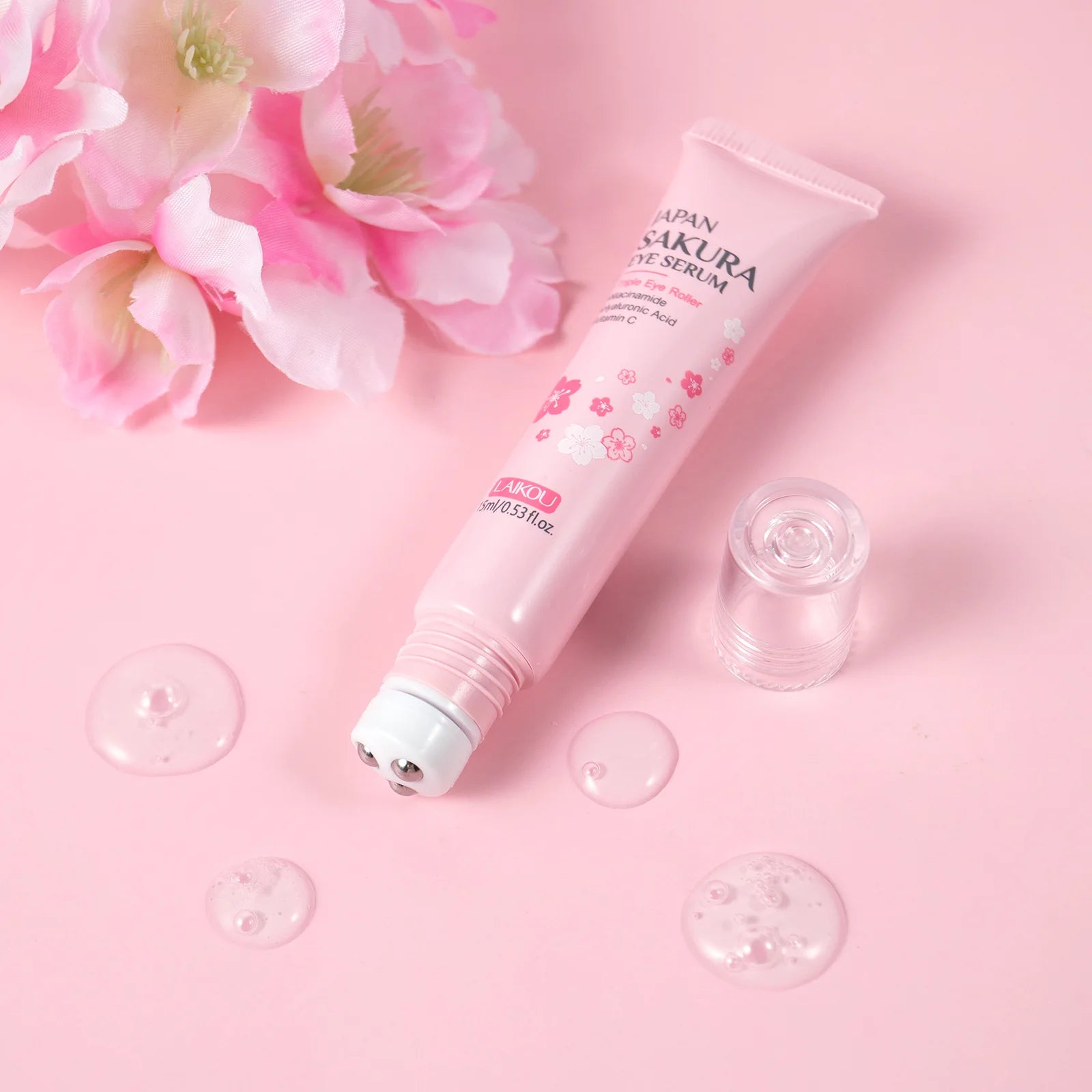  LAIKOU Sakura Eye Serum Roller Massage Anti-Aging,Hydrating & Brightening Eye Dark Circle & Puffiness Reduction Eye Cream 15ml