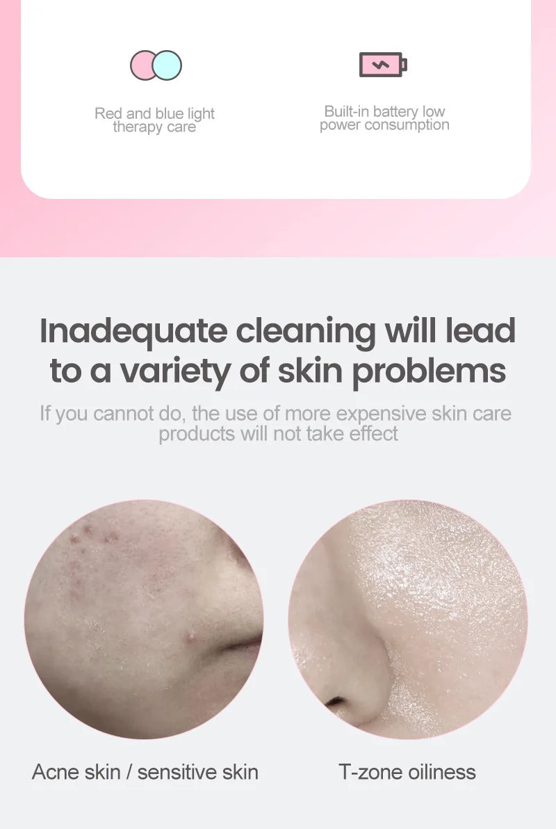 Sonic Facial Cleansing Brush Red Blue Light Electric Facial Cleanser Wash Machine Skin Pore Cleaner Mini Beauty Massager Brush