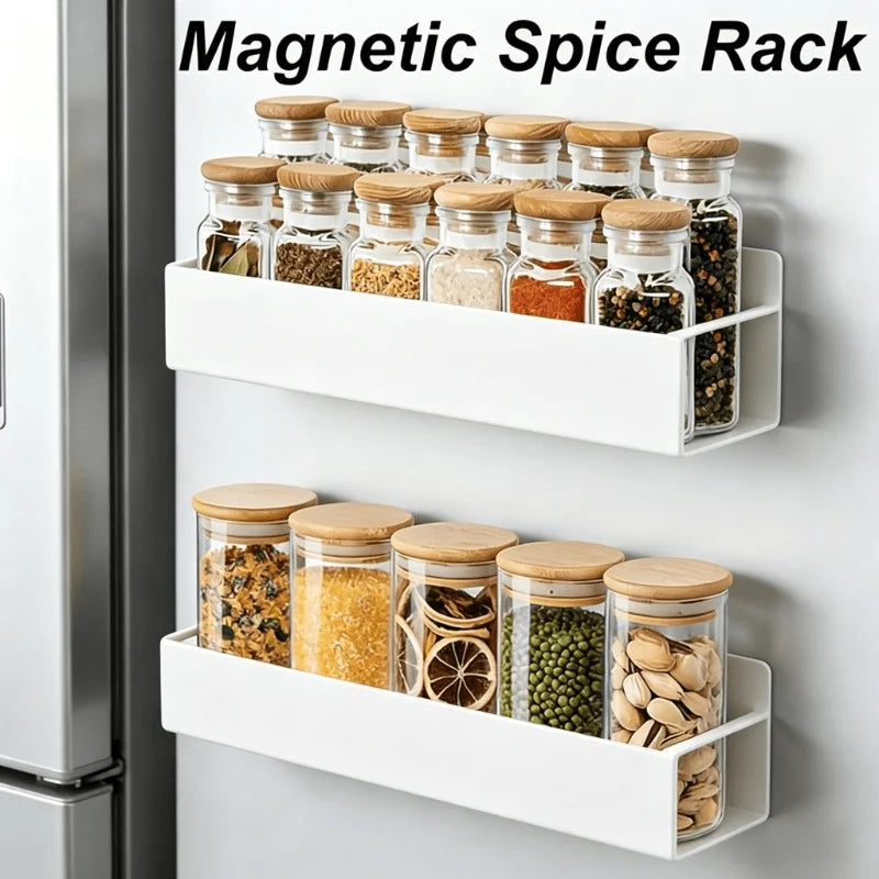 White Magnetic Spice Rack For Fridge Side Wall Mount Organizer Kitchen Storage Container Washing Basket Produce Bowl Box