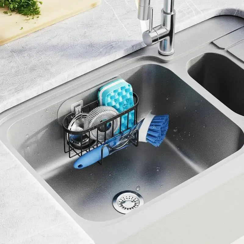 Sink Organizer - Stainless Steel Suction Sponge Stand - Fast-Draining, Easy-Clean Holder with Hook for Modern Kitchens