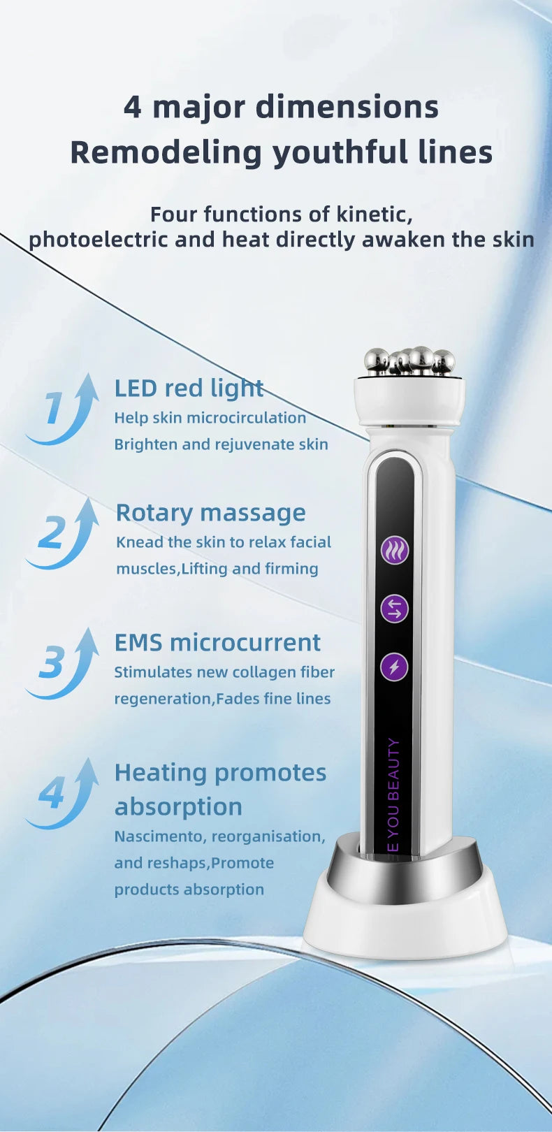 Micro Current Beauty Device Facial Roller Massager EMS LED Phototherapy Rotary Massage Heating For Pores Reduction Fine Lines
