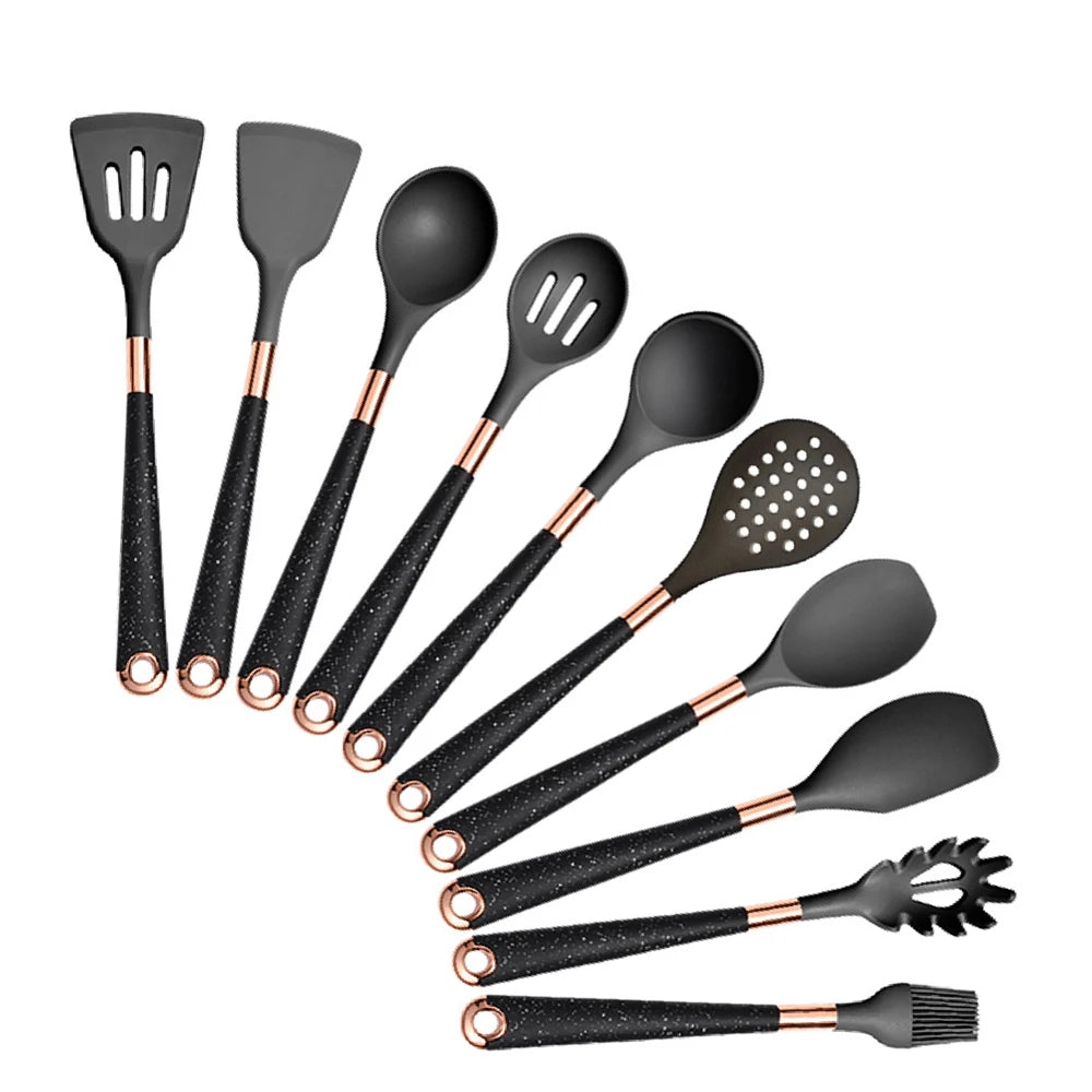 Silicone Cooking Utensils Set Kitchen Heat Resistant Rose Gold-Plated Handle Non-Stick Spatula, Spoon, Quality Gift, 5-13 Pcs