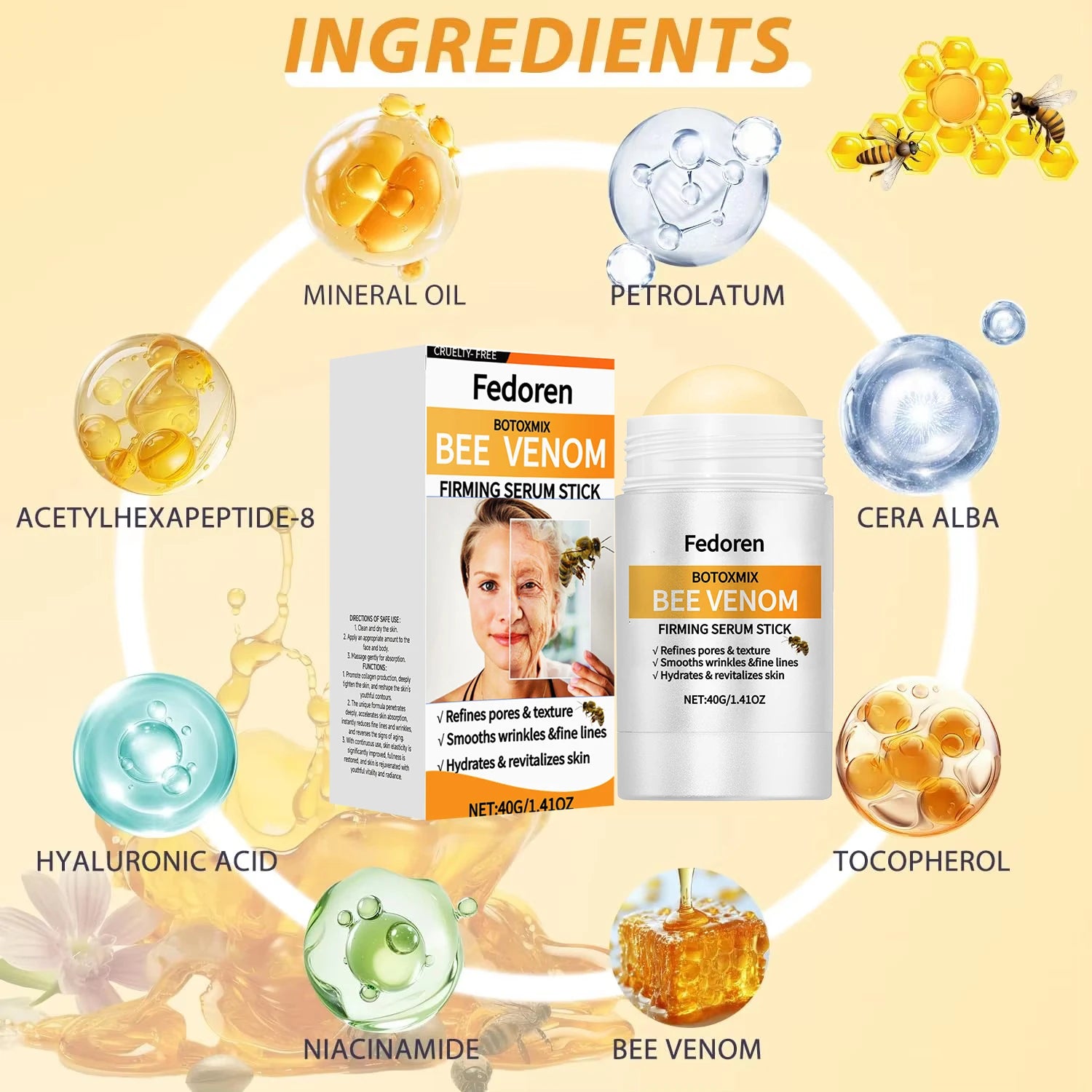 40g Bee Venom Brightening Face and Neck Cream Stick Moisturizing Facial Skin Firming Rejuvenation Neck Lift Stick Cream