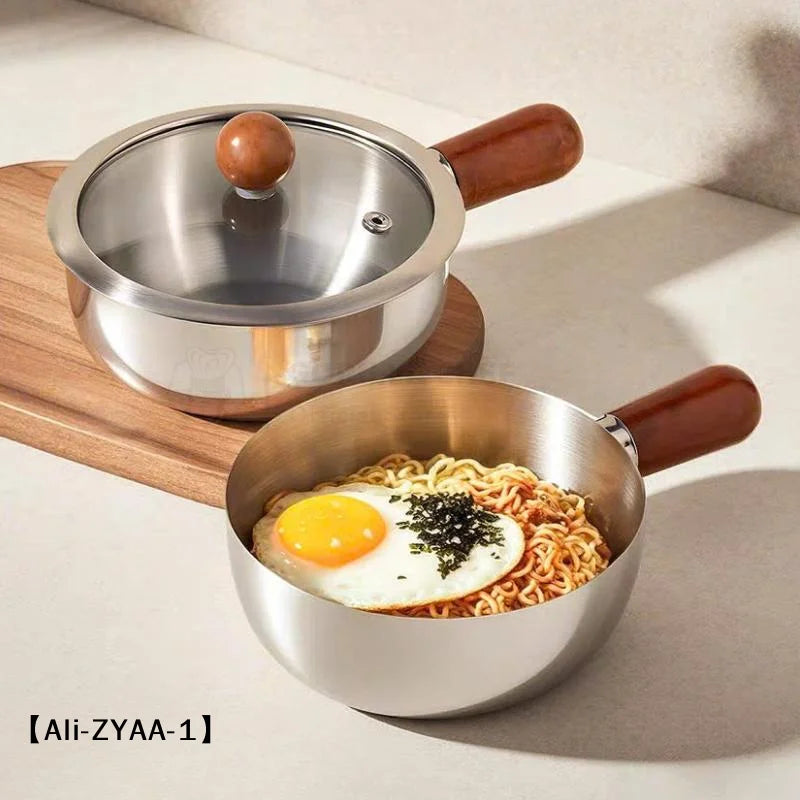 【A】17cm/14cm Stainless Steel Cooking Pans With Wooden Handle & Glass Lid - Multi-Purpose Small Pots For Noodles And Eggs