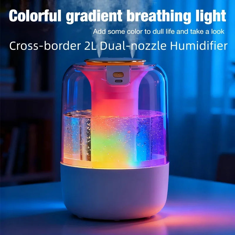 Humidifier with dual spray, large fog output, ambient light, for home, bedroom, dormitory, constant humidity, USB connection