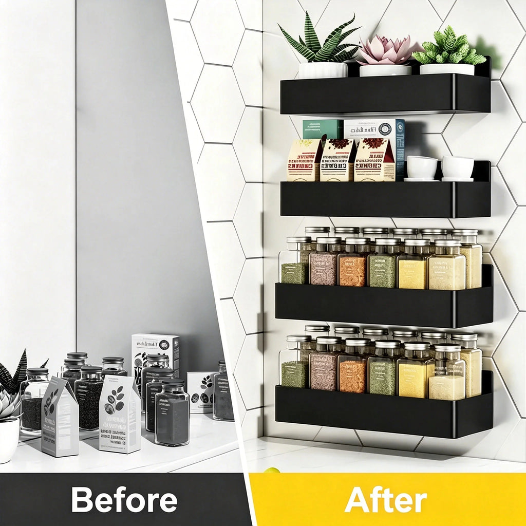 2 Pack Black Magnetic Spice Rack for Refrigerator No Drill Kitchen Fridge Shelf Organizer for Spice Food Black Jar Holder
