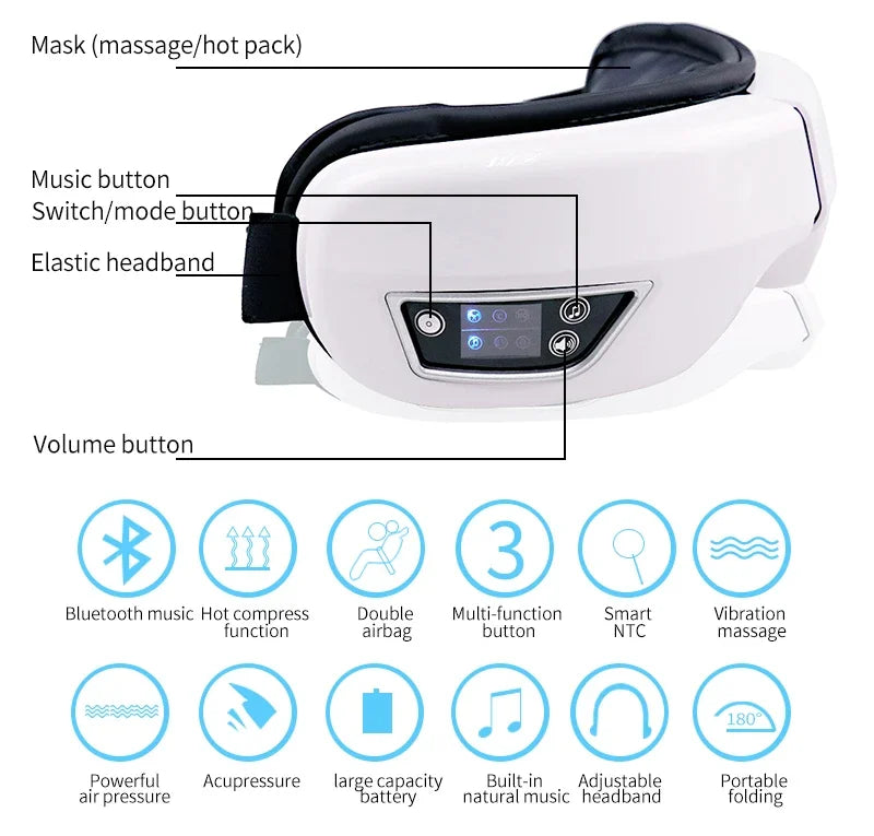 Eye Massager with Heat Vibration Eye Mask Bluetooth Music Airbag Care Device for Eye Strain Relief Dry Improve Sleep Facial