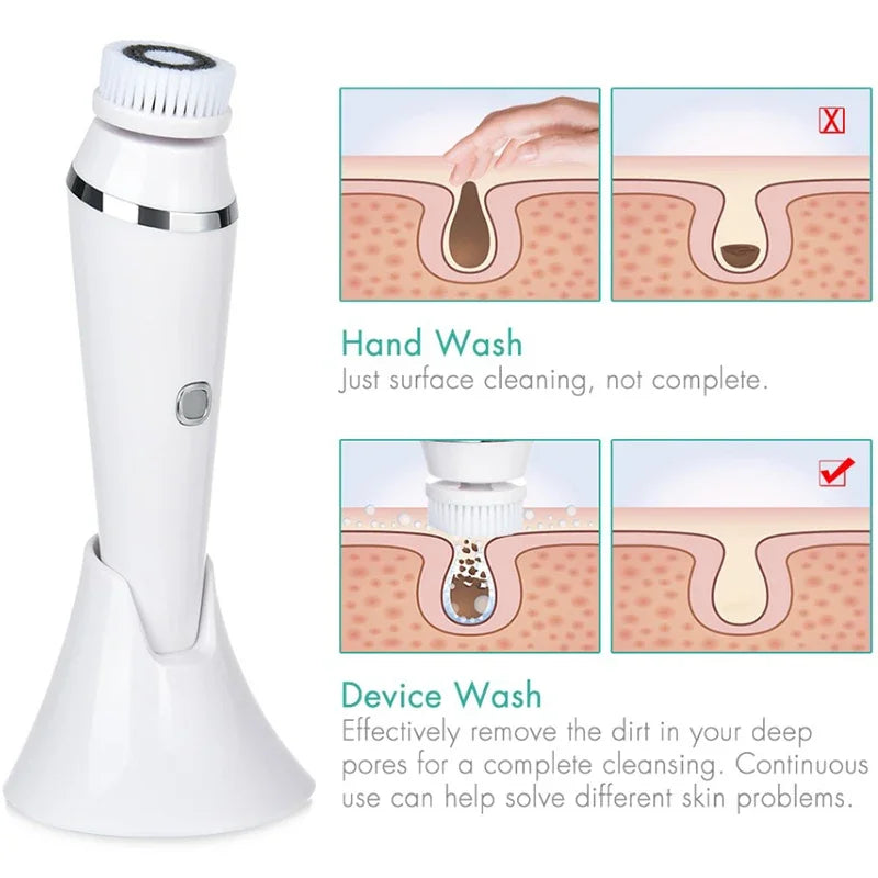 Electric Facial Cleansing Brush with 4 Face Cleaning Device 3 Modes Skincare Brush Heads Waterproof Wireless Facial Cleansing