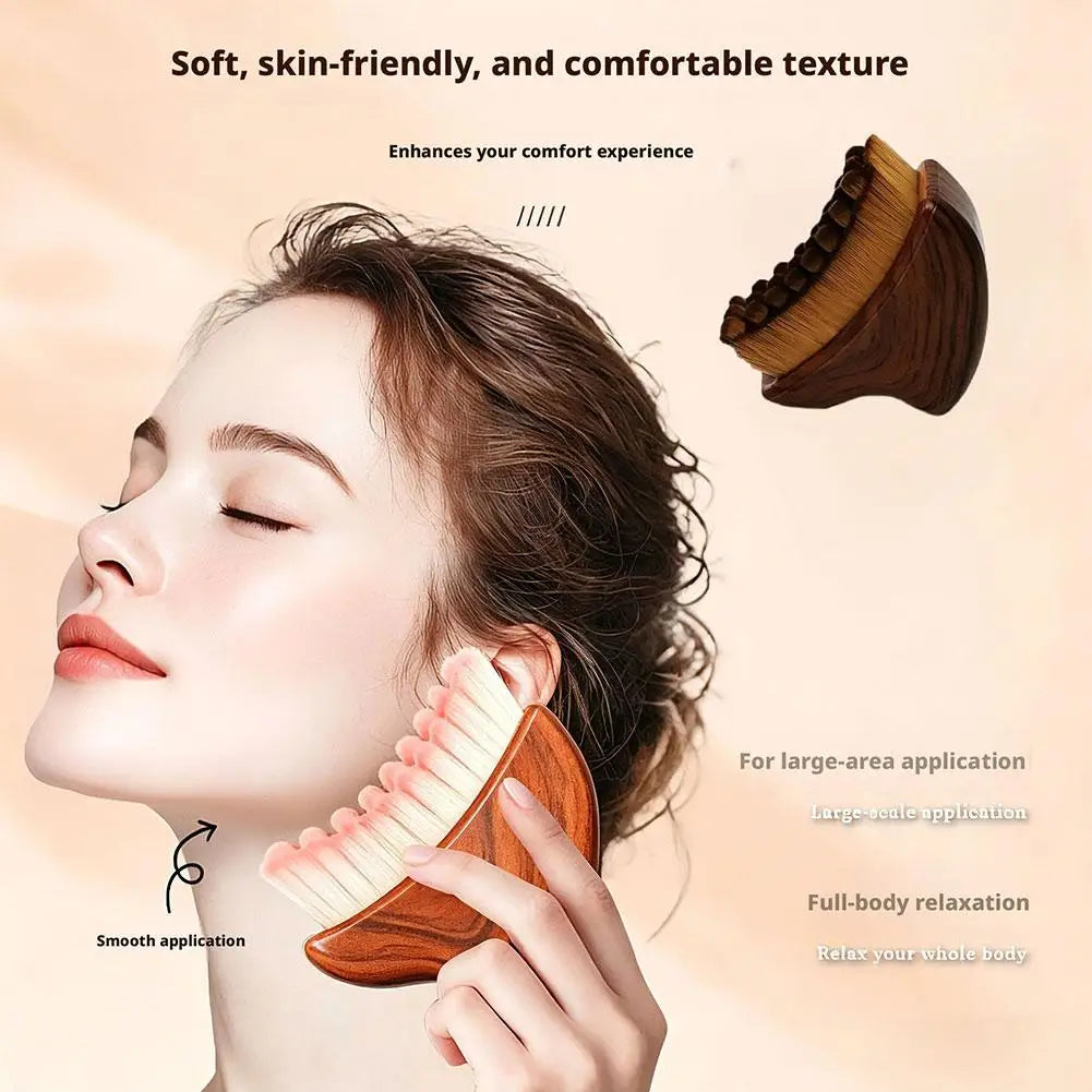 Gua Sha Massage Brush Dual Function with Soft Bristles for Facial Cleansing and Sculpting Wood Grain Handle Compact Travel Size