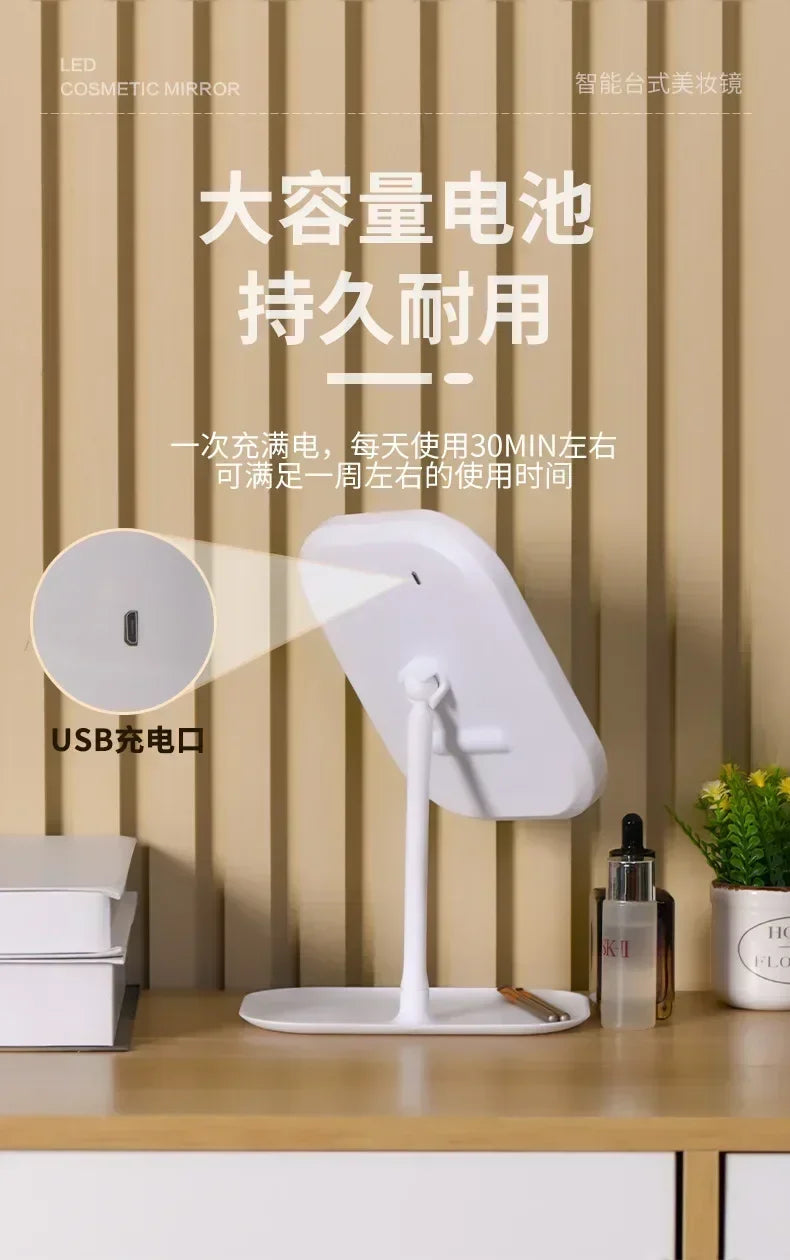 LED Makeup Mirror, Touch Control 3 Light Modes, Rechargeable Portable Vanity Mirror with Stand & Foldable Design