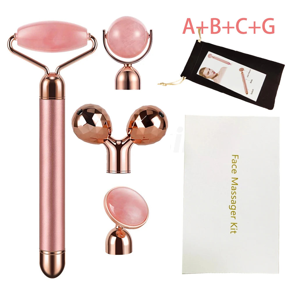 New Electric Vibrating Jade Roller Massager For Slimming Face Lifting Rose Quartz 3D Roller Stone Facial Skin Care Beauty Tool