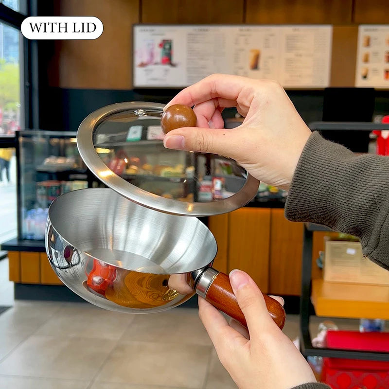♥Stainless Steel Cooking Pans with Wooden Handle & Glass Lid - Multi-Purpose Small Pots for Noodles/Eggs
