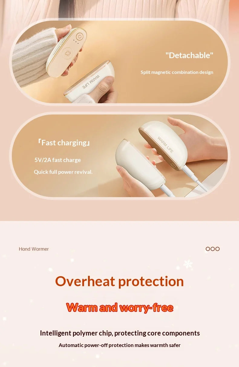 Magnetic Hand Warmer Detachable 2-in-1 Magnetic Rechargeable Hand Warmer Safe Constant Temperature Outdoor Portable