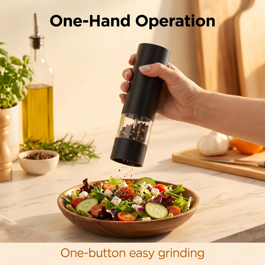 Rechargeable Electric Salt&Pepper Grinder Set with Wood Base, Automatic One‑Hand Operated Spice Mill with Adjustable Coarseness