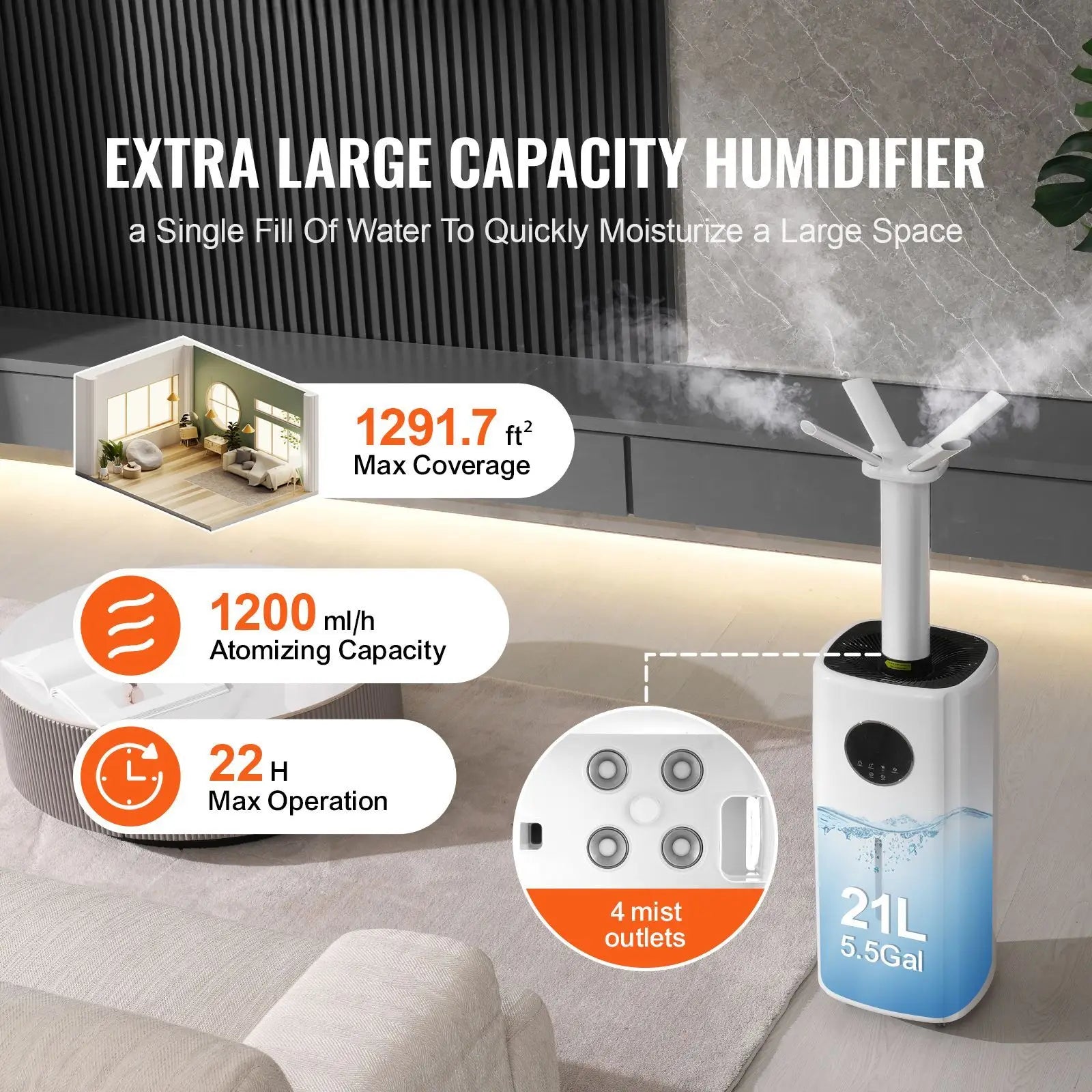 Commercial 5.5 Gal/21L 40.6 Oz/h Cool Mist Output Humidifier Top R Industrial Air Vaporizer for Large Rooms 1291.7 Sq Ft New