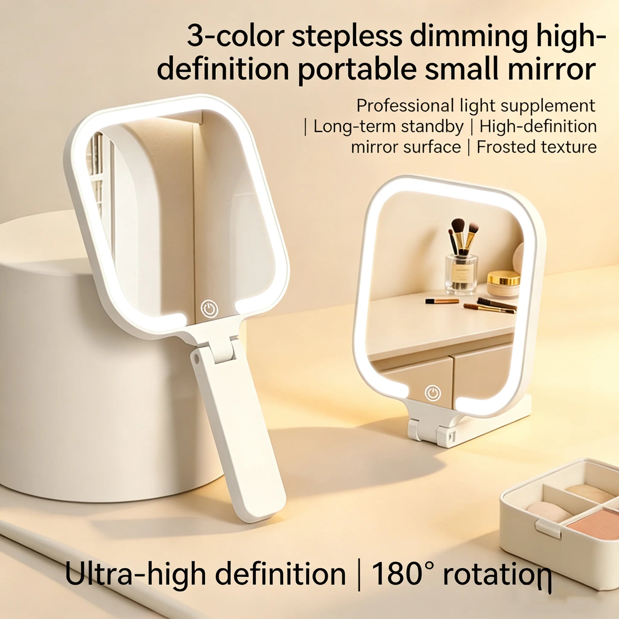 3 Color Dimmable LED Makeup Mirror,180° Foldable Touch Control,Rechargeable Portable Vanity Mirror for Handheld,Tabletop&Travel