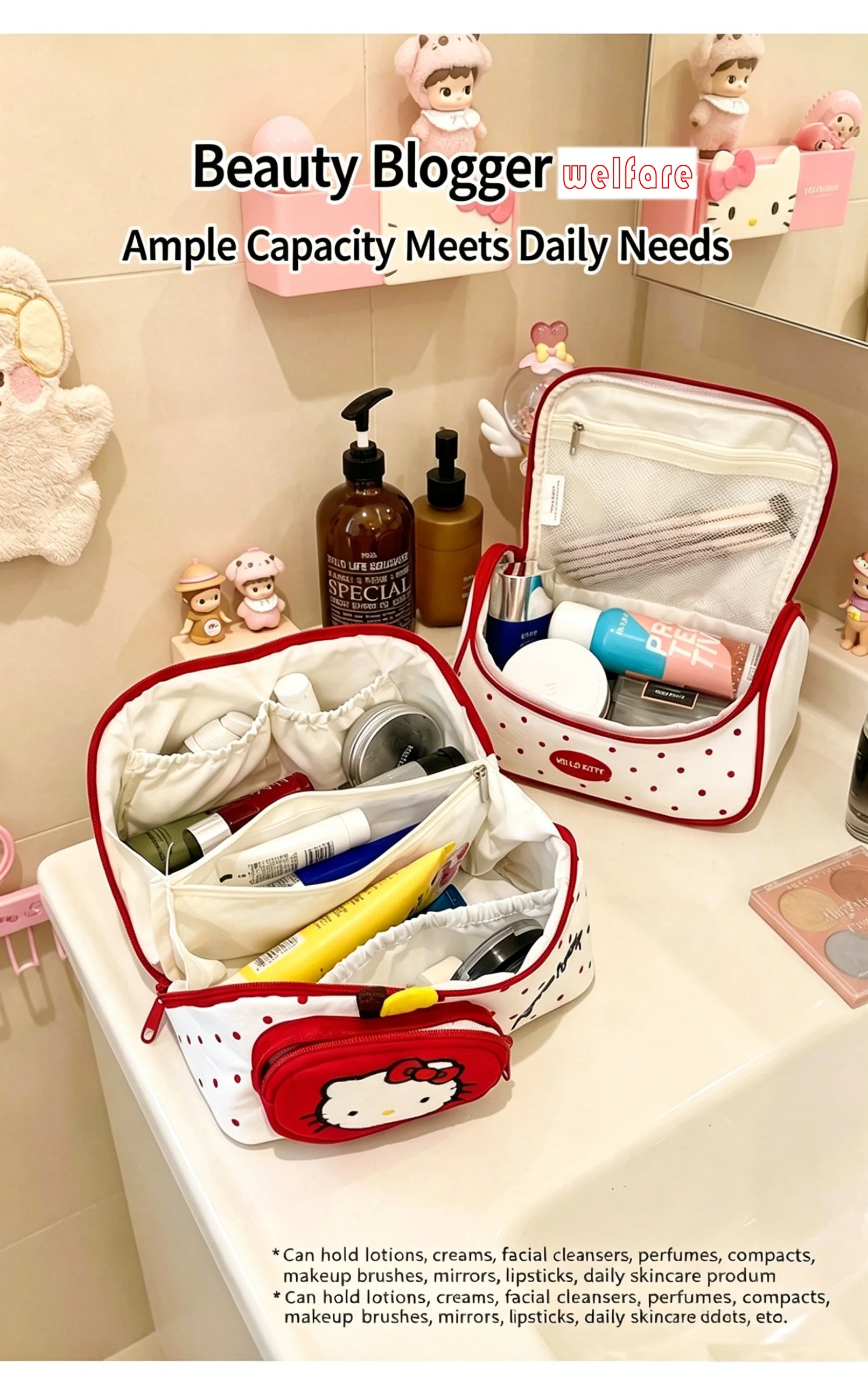Hello Kitty Cosmetic Bag Large Capacity Travel Makeup Organizer with Handle