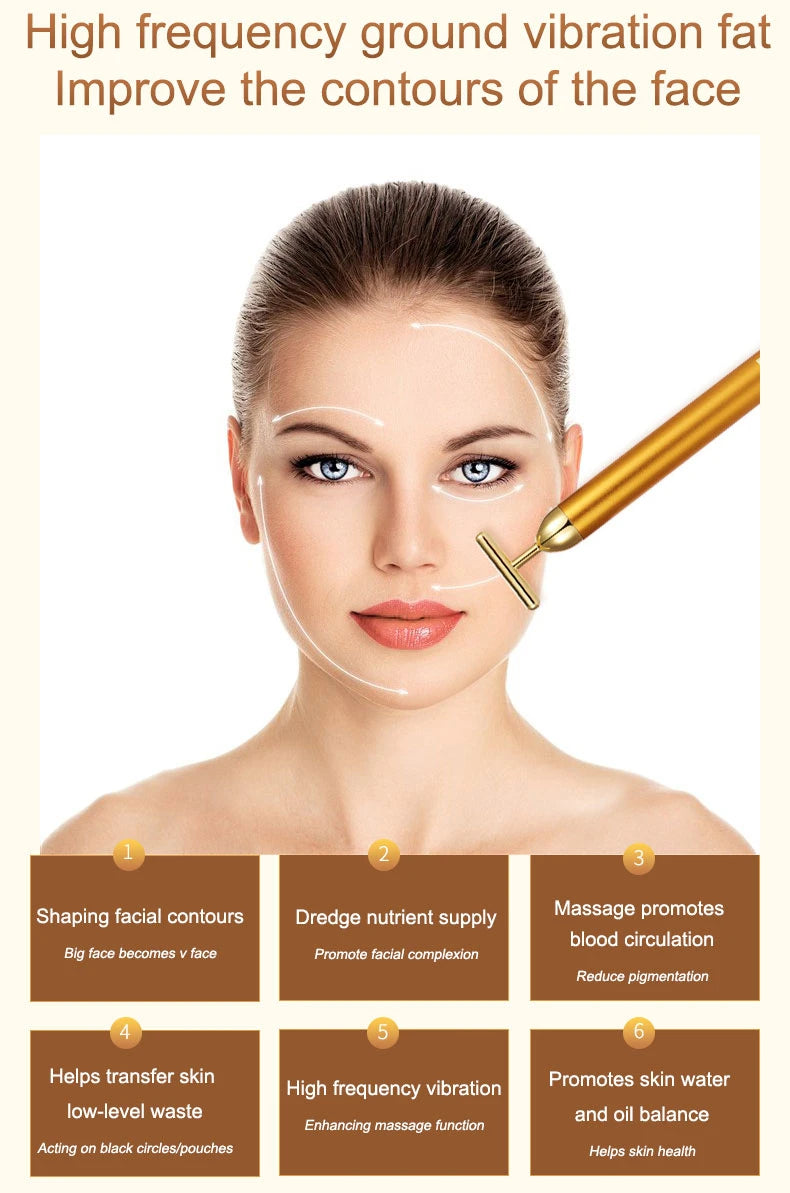 24K Gold Roller Vibrating Facial Massager Slimming Facial Skin Beauty Pulse Firming Face Massage Lift Tightening Wrinkle Bar