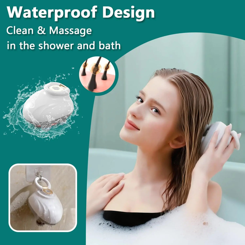 Electric Scalp Massager Cordless Waterproof Head Massager with Kneading Nodes, Handheld Hair Brush for Cleaning & Relaxation