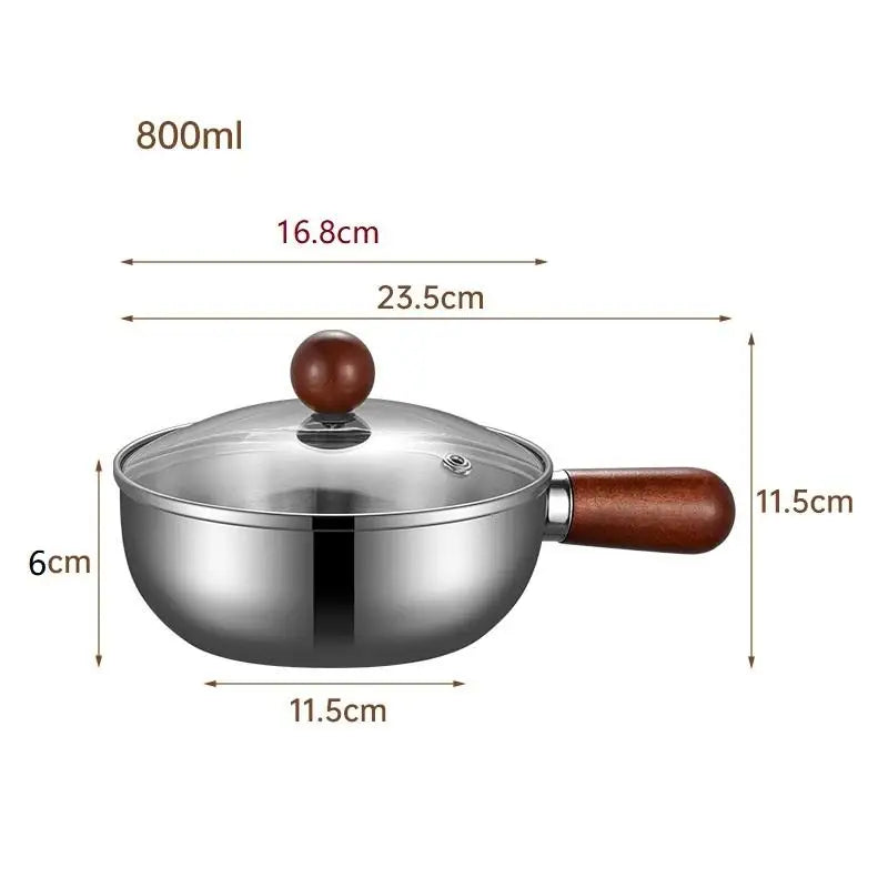 ♥Stainless Steel Cooking Pans with Wooden Handle & Glass Lid - Multi-Purpose Small Pots for Noodles/Eggs