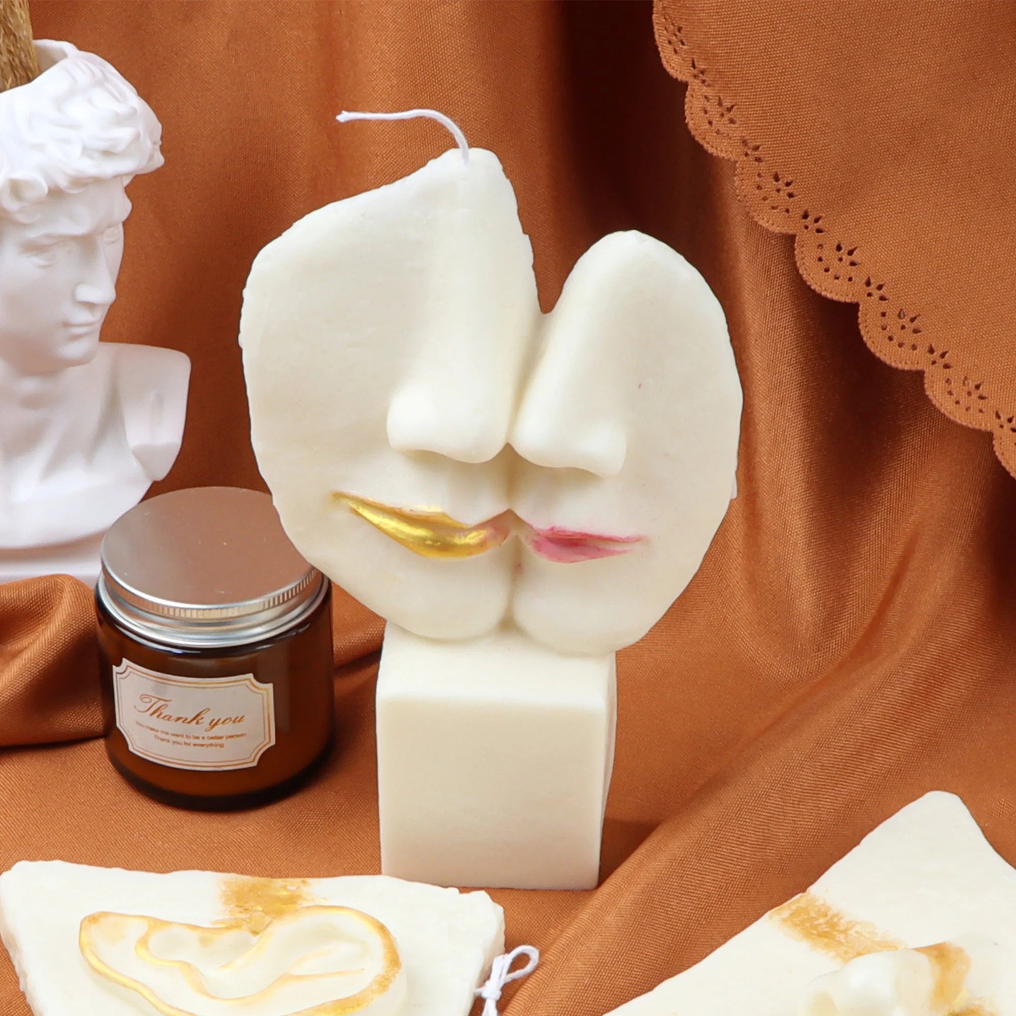 Handrafted Stone Face Candle Mold Abstract Sculpture Kiss Lover Vagan 3D Human Face Resin Tool Abstract Big Kiss Face Home Decor