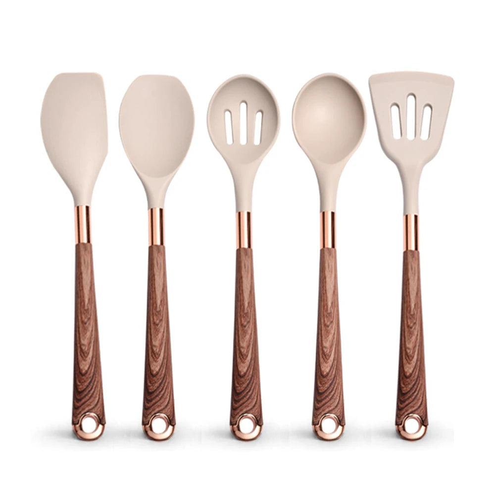 Silicone Cooking Utensils Set Kitchen Heat Resistant Rose Gold-Plated Handle Non-Stick Spatula, Spoon, Quality Gift, 5-13 Pcs
