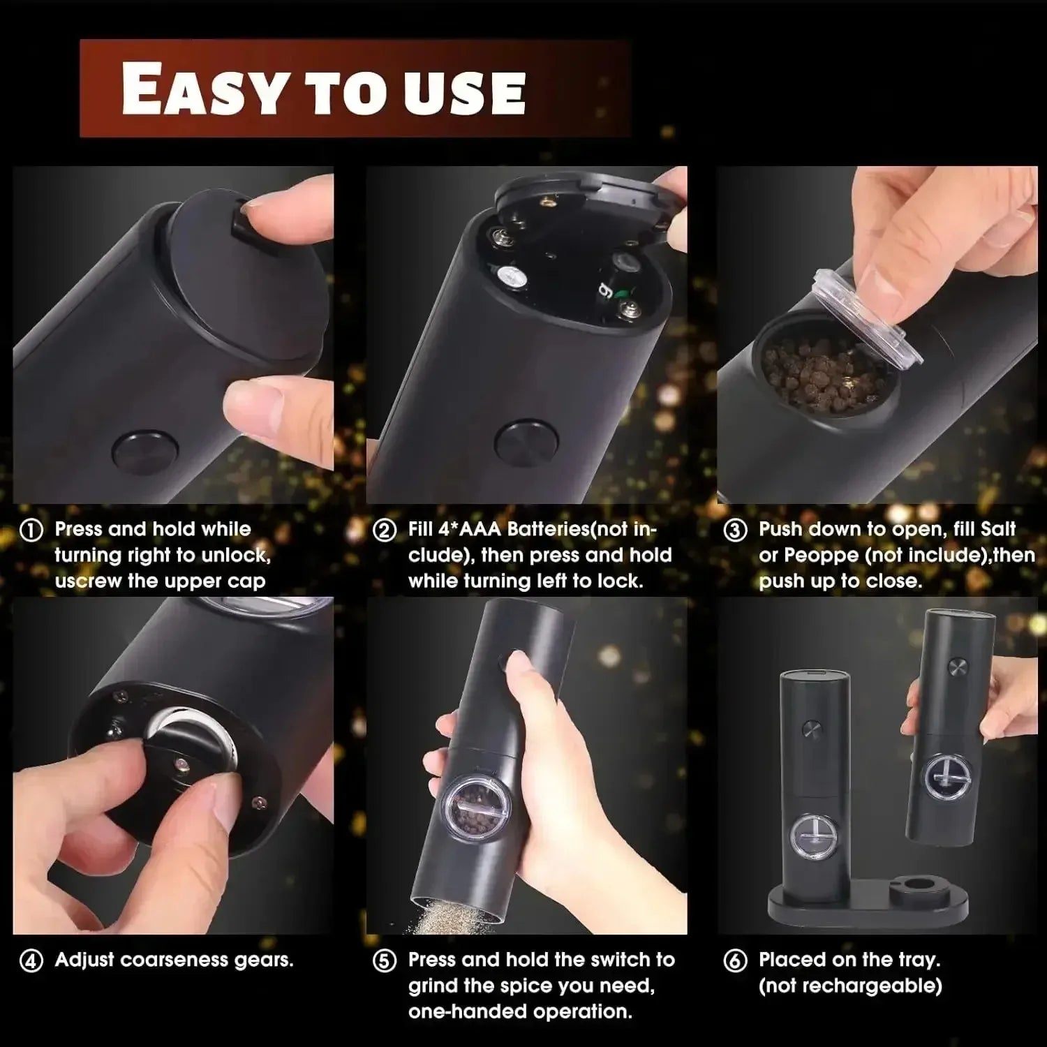 Electric Spices Grinder With Adjustable Coarseness Battery Powered Salt and Pepper Grinder Hand-held Automatic Mill Grinder