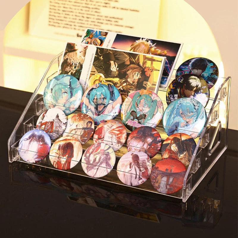 Acrylic Badge Storage Box Display Rack Stepped Display Desktop Storage Organizer for 75MM Badges Standing Signs and Peripherals
