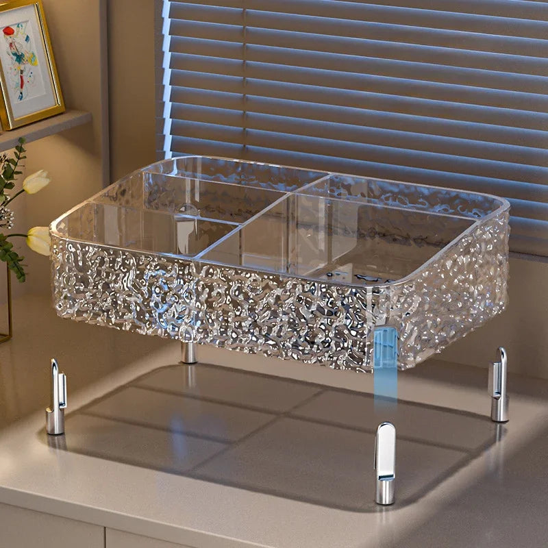 Glacier-print Desktop Makeup Organizer with Legs Clear Lipstick Split Vanity Storage PET Organizer Makeup Organizer Box